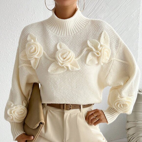 Apricot Casual Women's Loose Floral Print Turtleneck Pullover Sweater - Picture 3 of 9